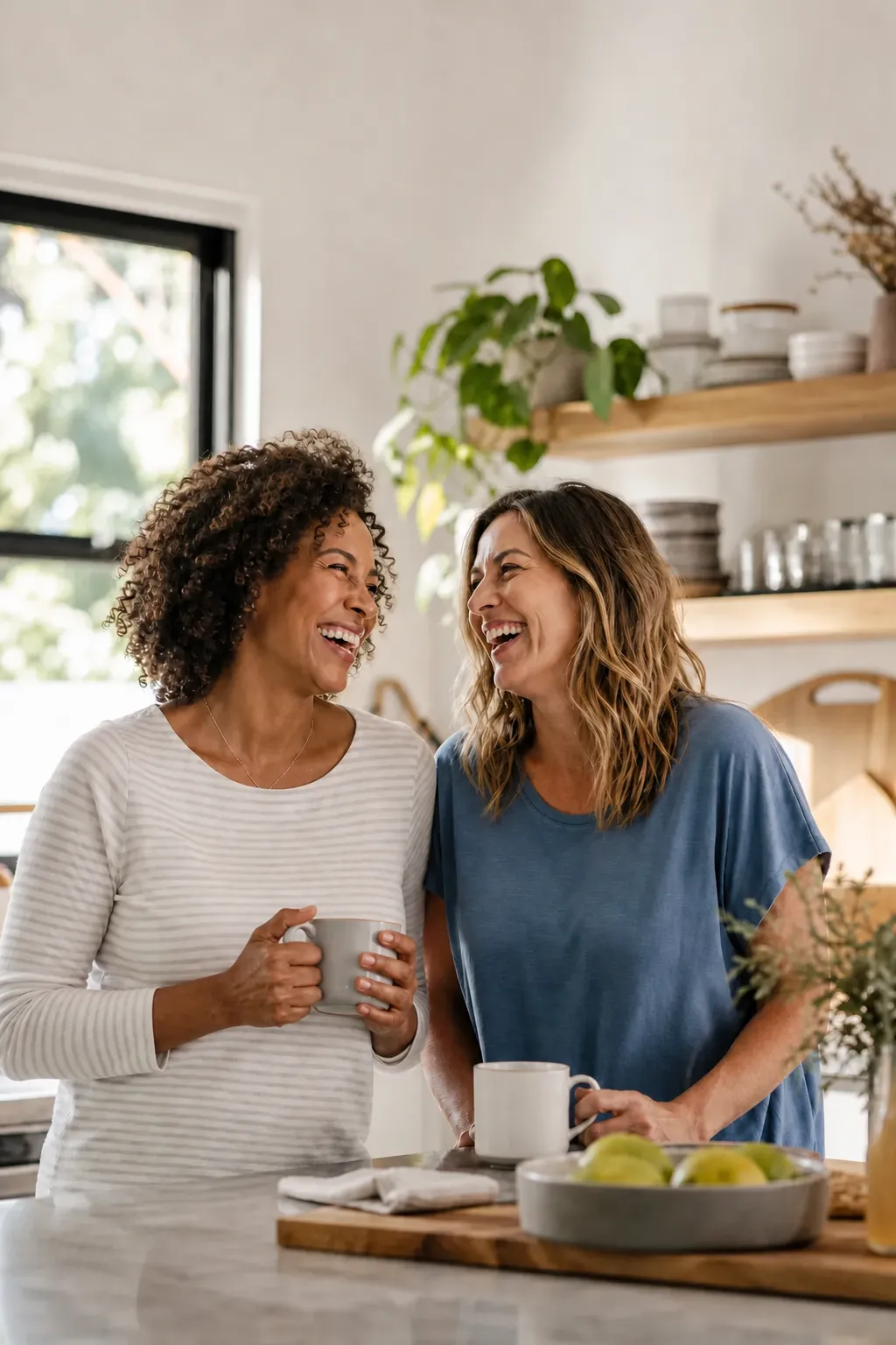 Two moms in their late 30s laughing together in a bright kitchen